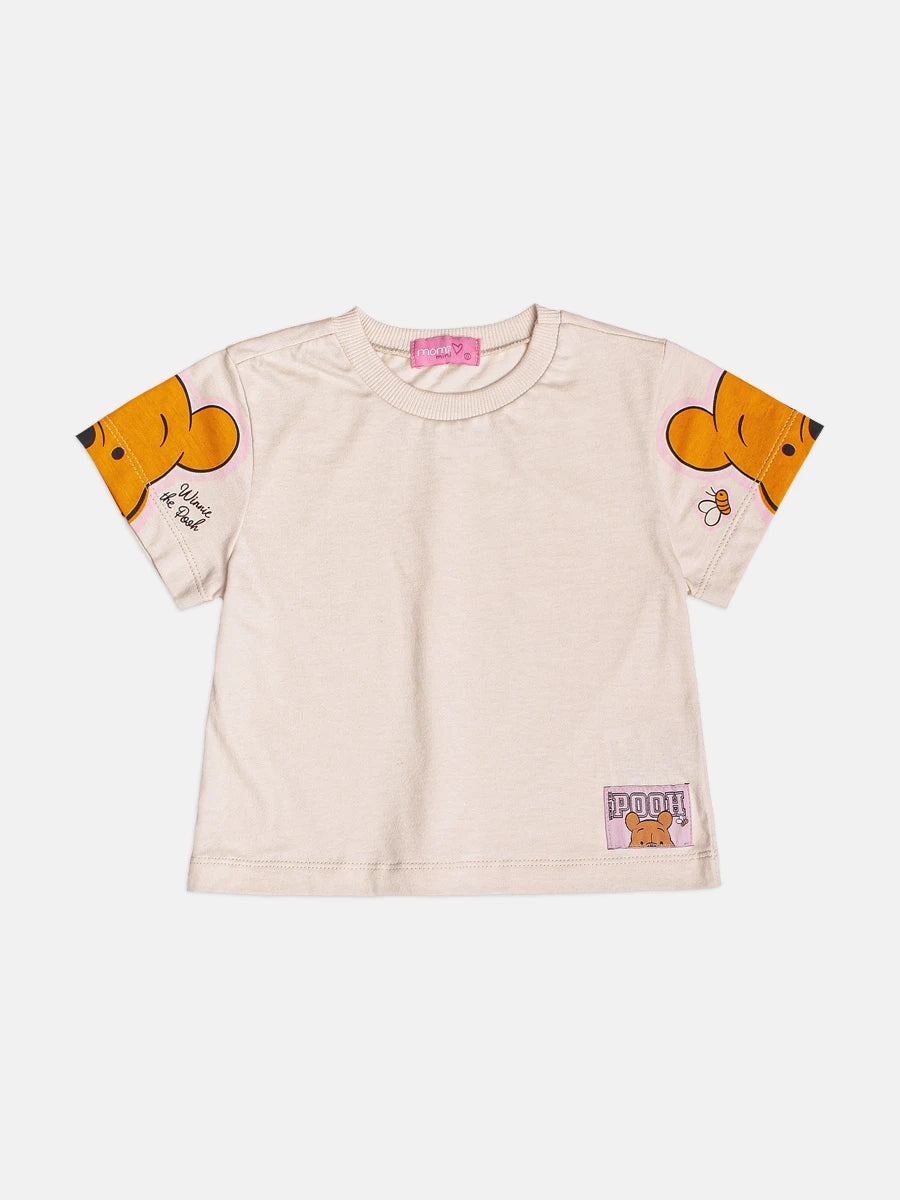 Blusa Infantil Momi Inveno Manga Curta Bege Ursinho Pooh Disney