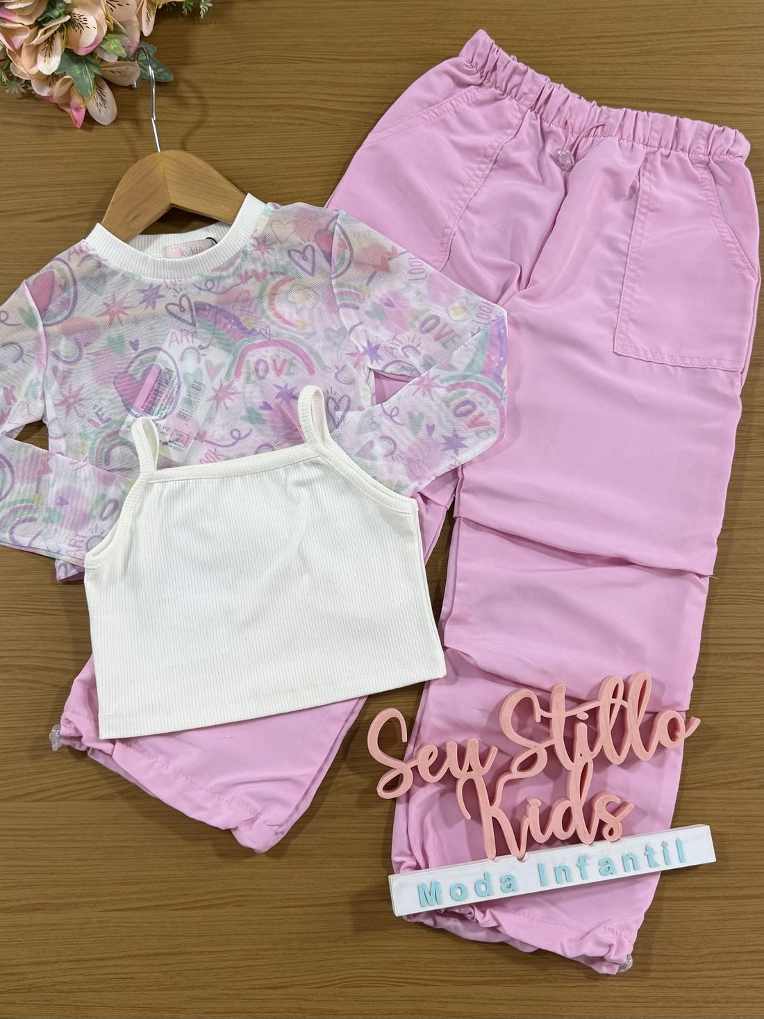 Conjunto Infantil Kukie Inverno Calça Cargo Sobreposição em Tule e Top