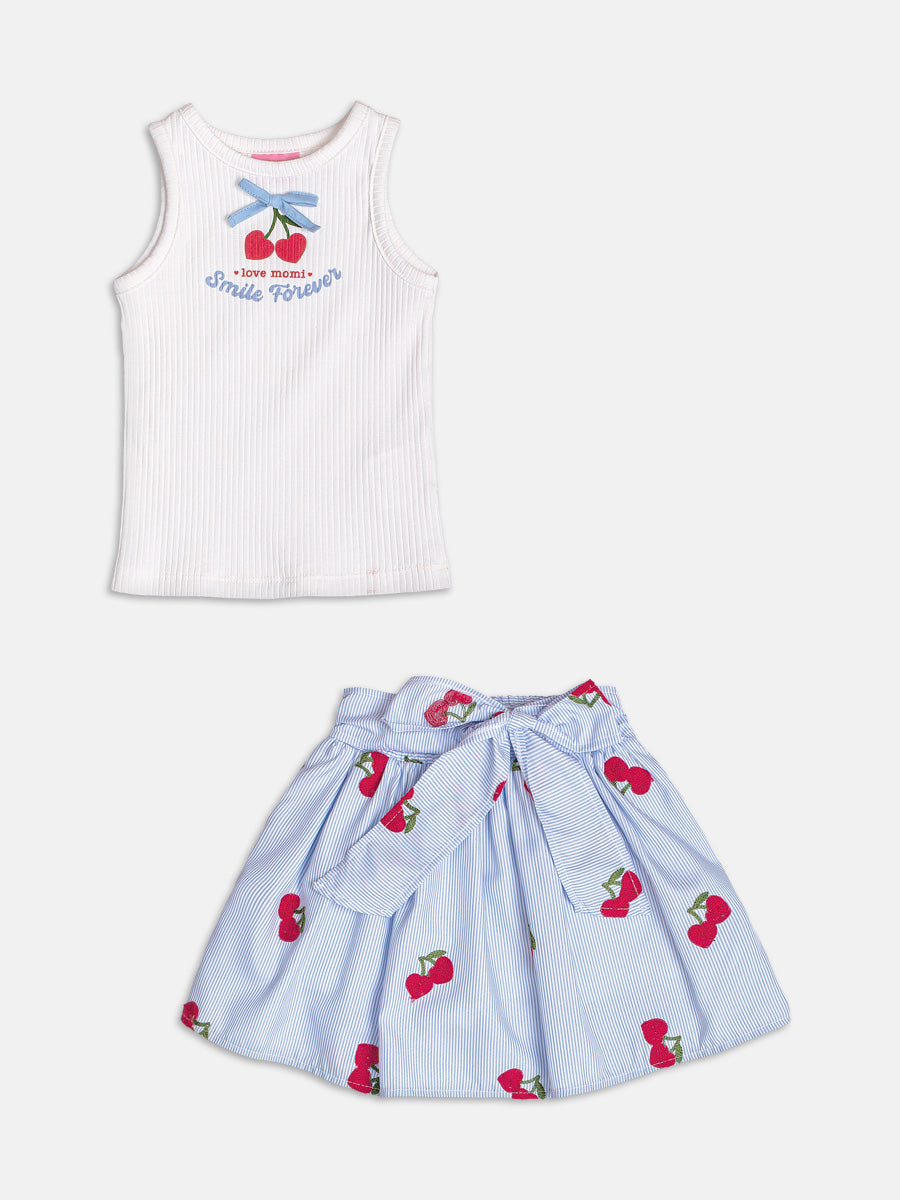 Conjunto Infantil Momi Verão com Saia Azul Listrada e Regata  Branca Cereje