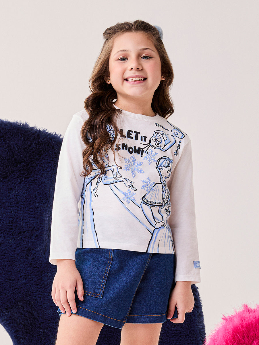 Blusa Infantil Bimbi Inverno Manga Longa Branca Elsa e Anna Frozen Disney