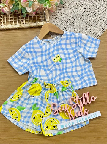 Conjunto Infantil Menina Bimbi com Shorts e Blusa Xadrez Azul Limãozinho