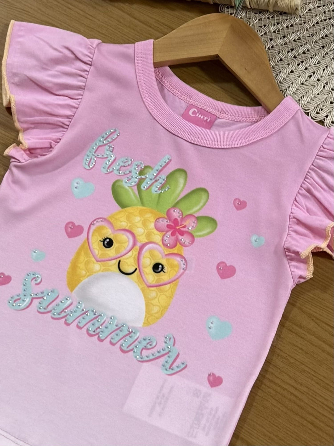 Blusa Infantil Cinti Verão Rosa Abacaxi com Strass