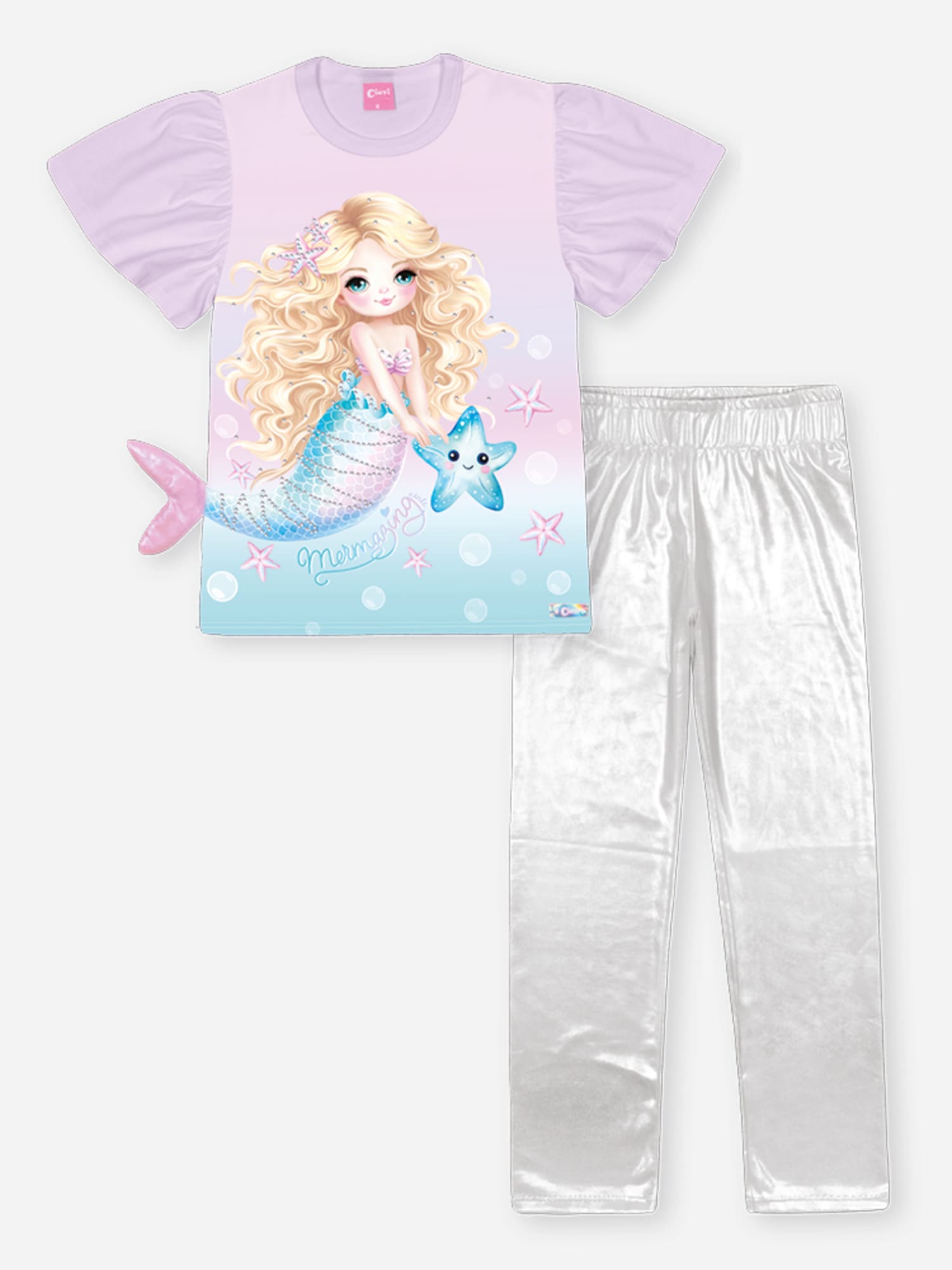 Conjunto Infantil Cinti Verão com Calça Holográfica e Blusa Lilás Sereia