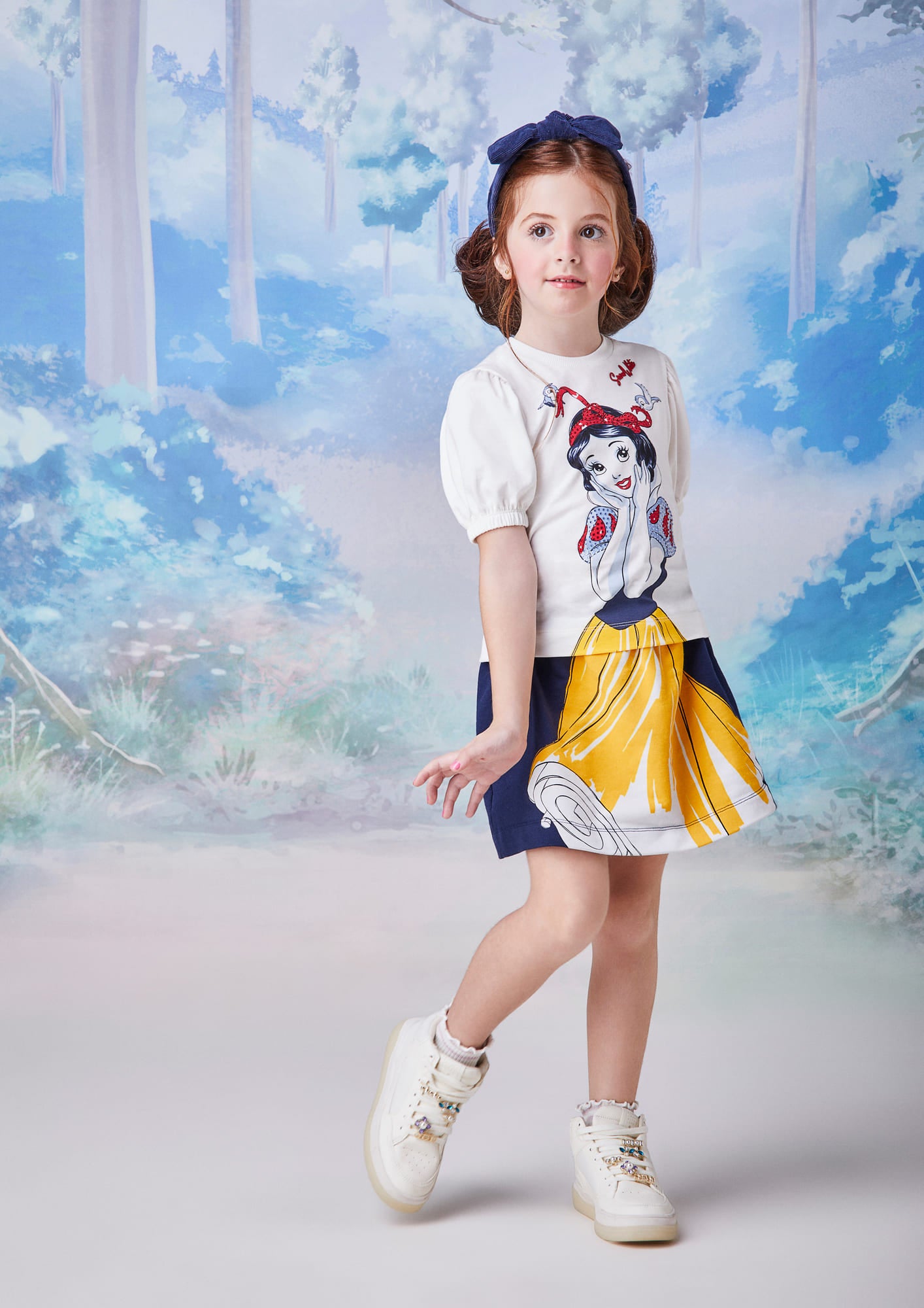 Conjunto Infantil Animê Saia e Blusa Manga Curta Branca de Neve Disney