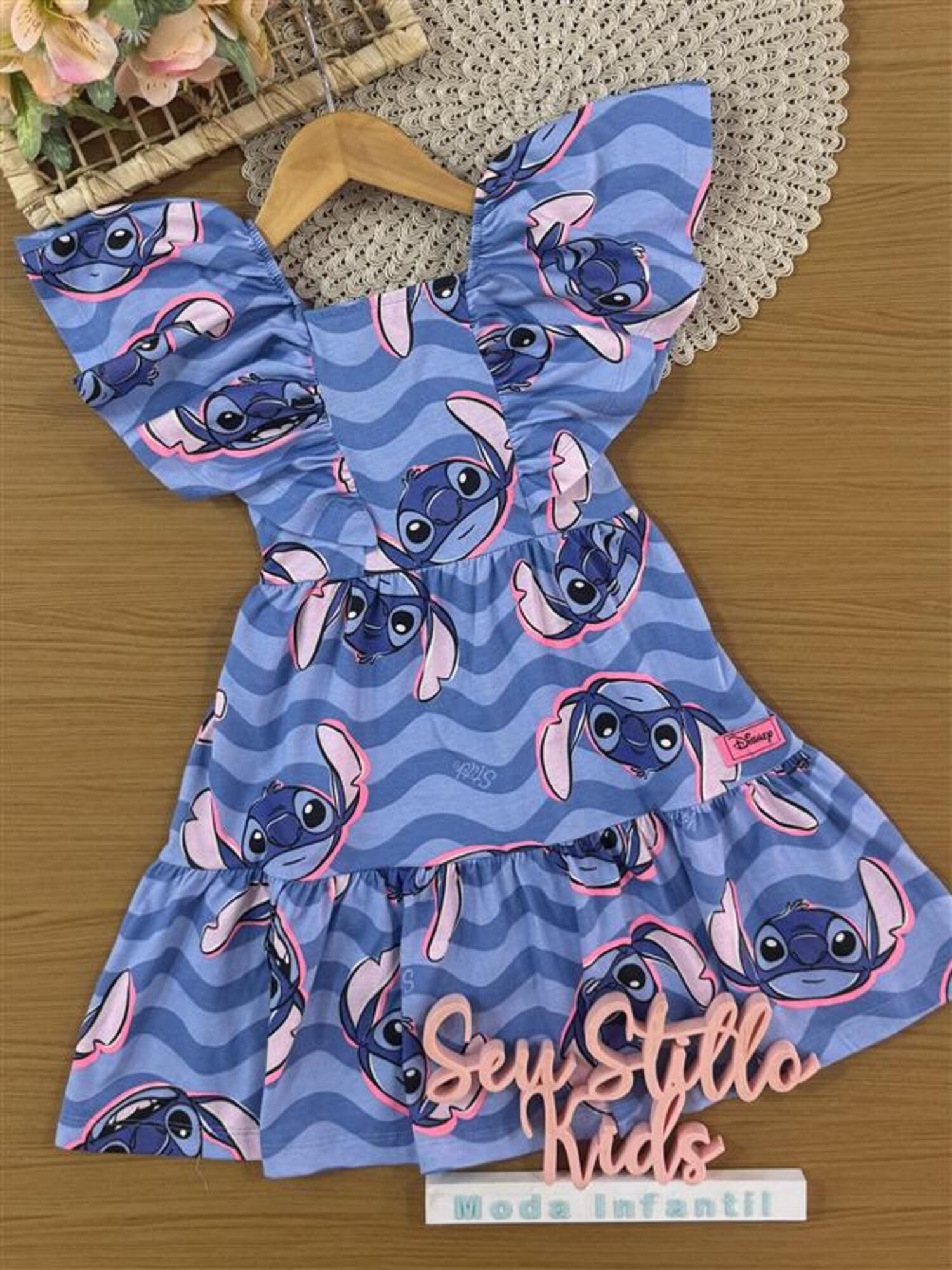 Vestido Infantil Momi Verão Azul Stitch Disney