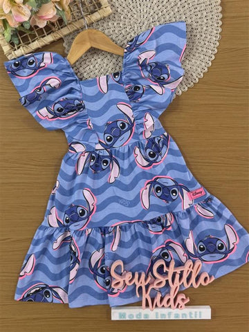 Vestido Infantil Momi Verão Azul Stitch Disney