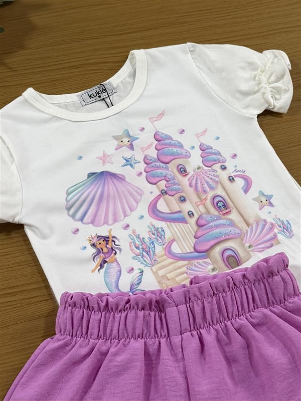 Conjunto Infantil Kukiê com Shorts Lilás e Blusa Manga Curta Sereia com Strass