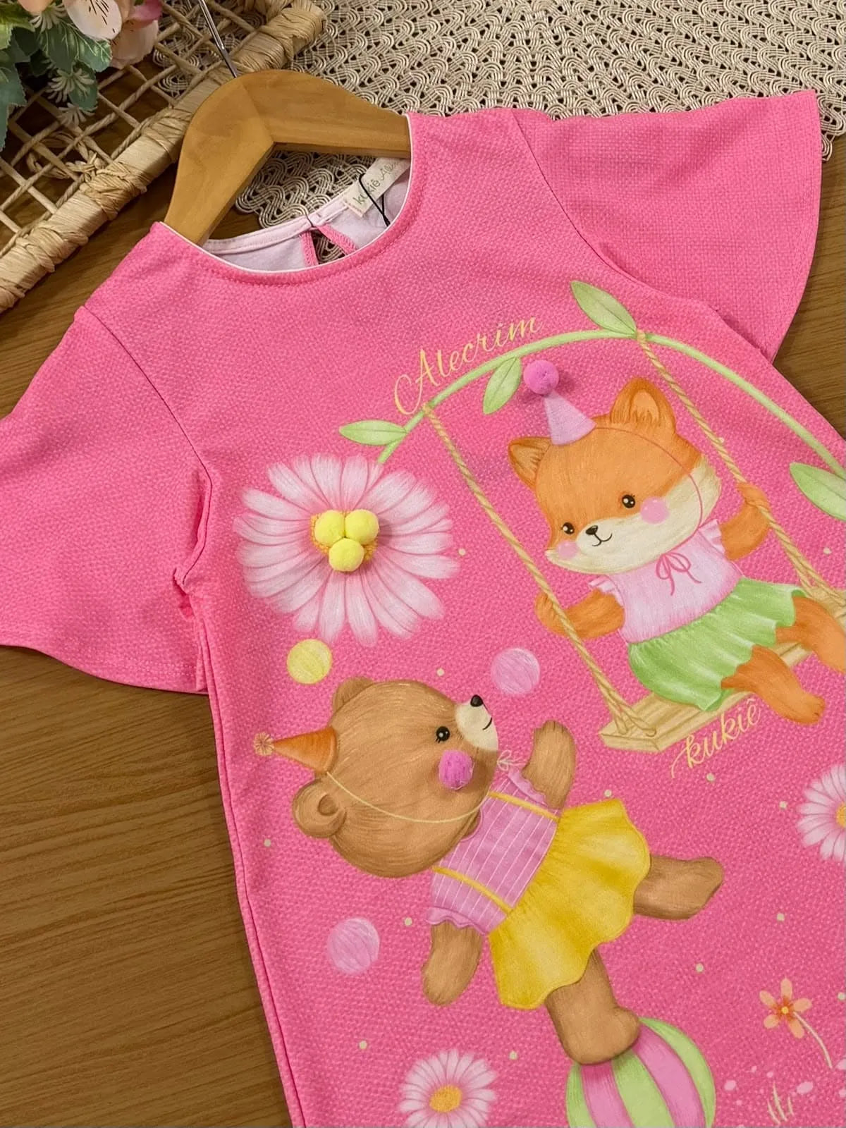 Vestido Infantil Kukiê Verão Rosa Roposinha e Ursinha