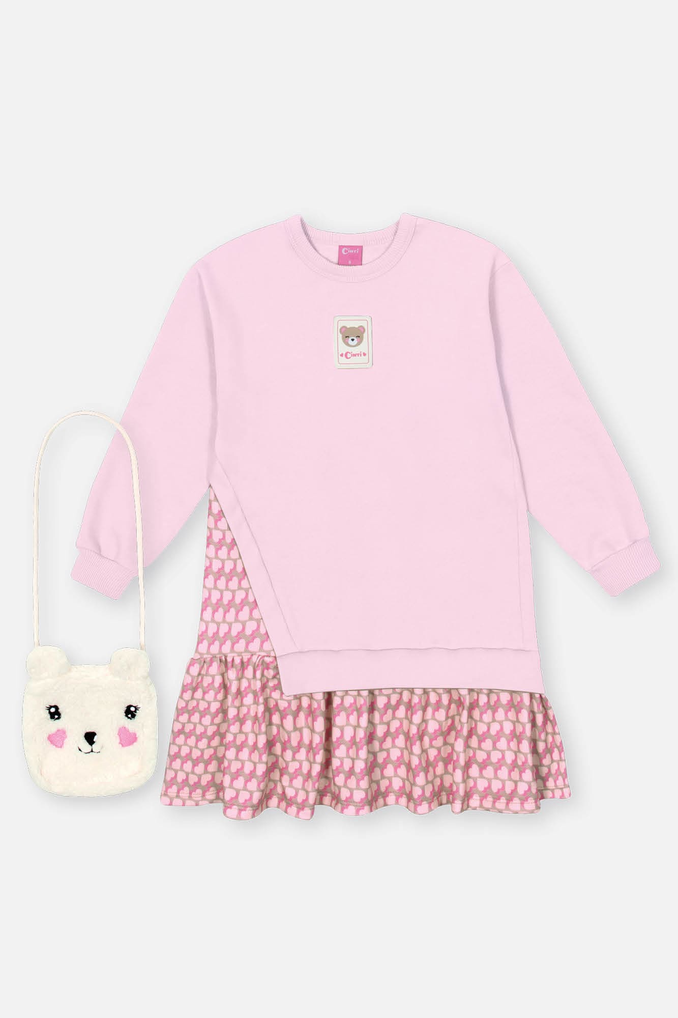 Vestido Infantil Inverno Cinti Rosa Ursinho com Bolsinha