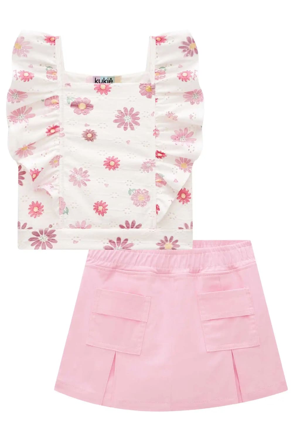 Conjunto Infantil Kukie Verão Shorts Saia Rosa e Blusa Boxy Flores