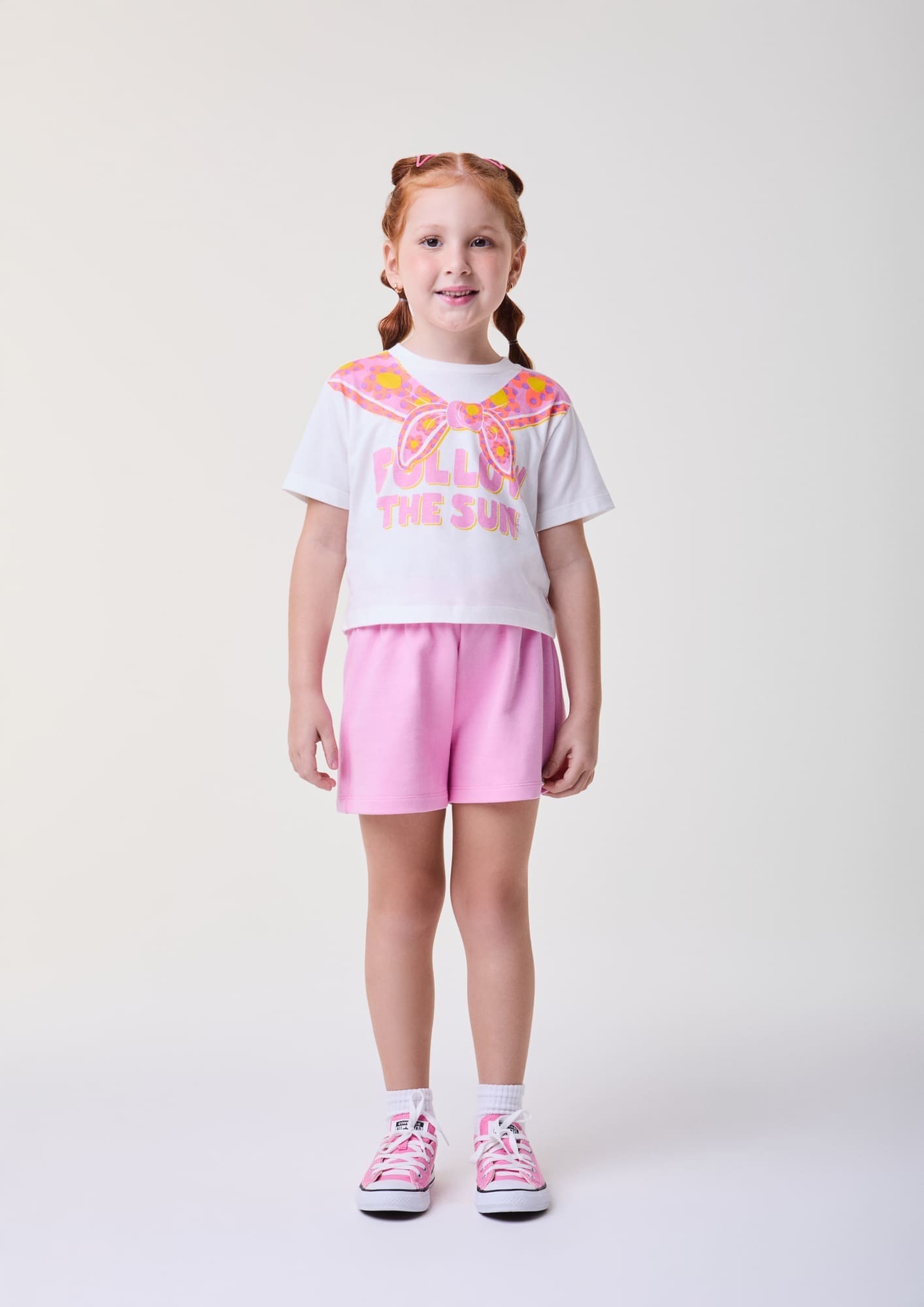 Conjunto Infantil Bimbi Verão com Shorts Rosa e Blusa Branca Follow The Sun
