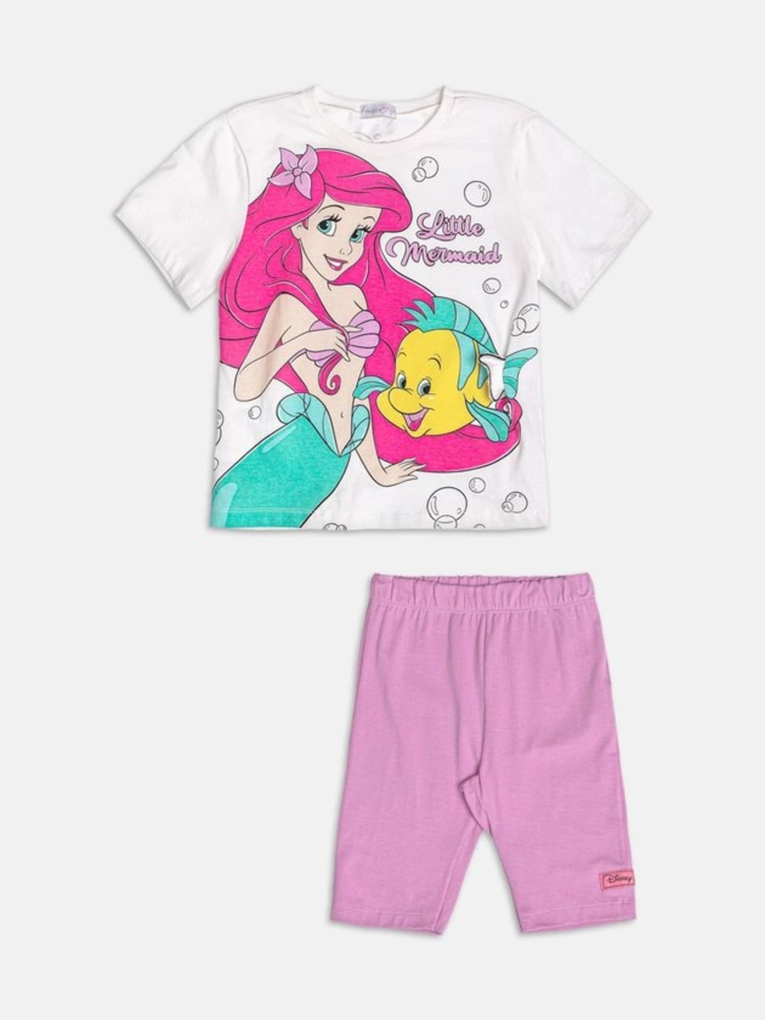 Conjunto Infantil Momi Verão com Shorts Ciclista Lilás e Blusa Branca Ariel Disney
