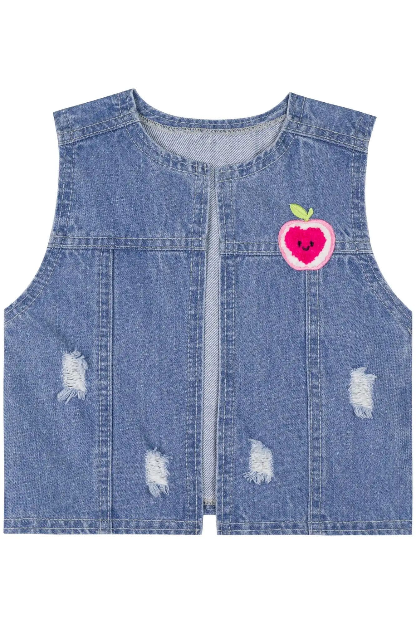 Vestido Infantil Kukiê Verão Vestido Amarelo Casinha de Maça com Colete jeans