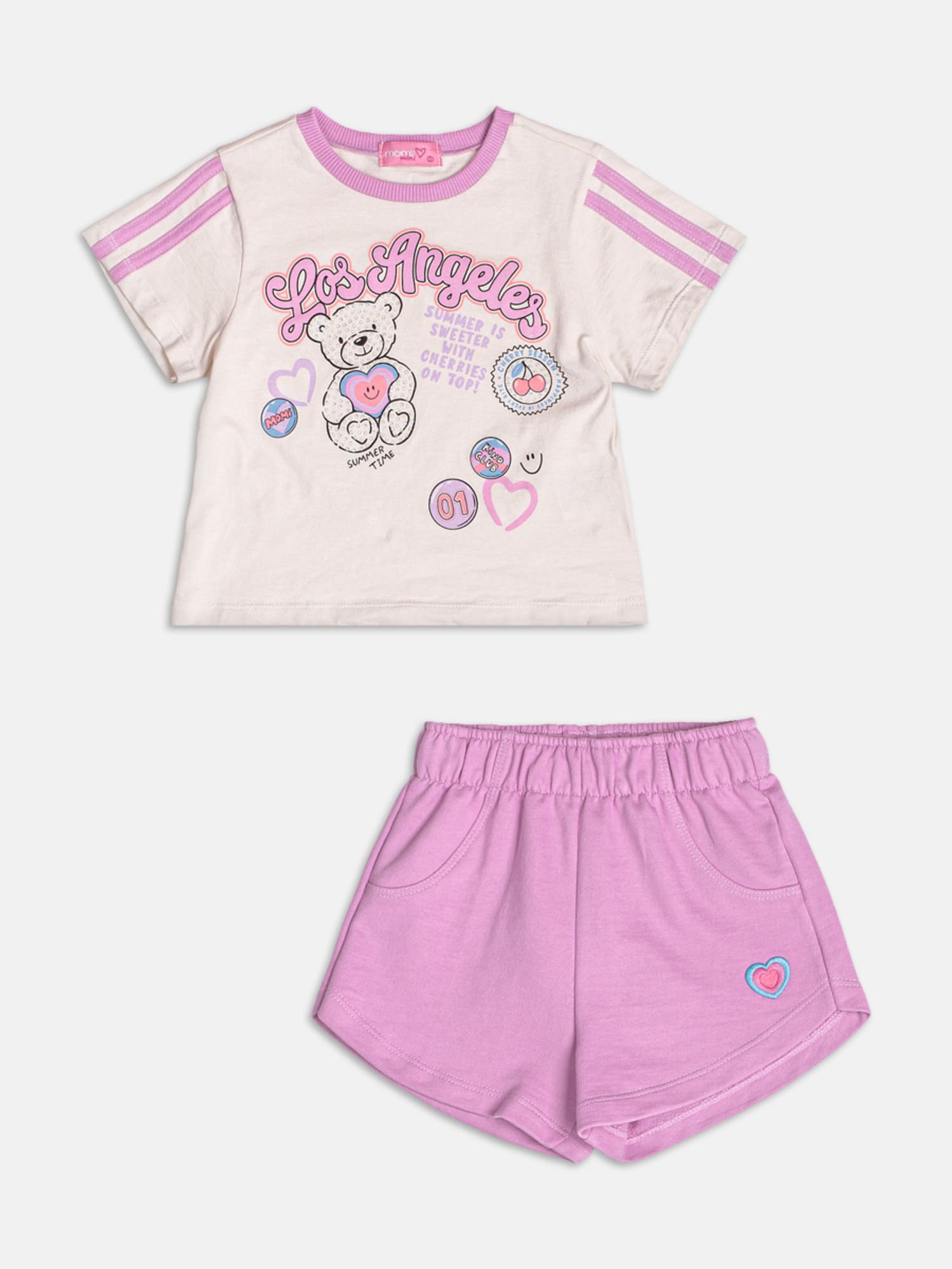 Conjunto Infantil Momi Verão com Shorts Lilás e Blusa Bege Los Angeles