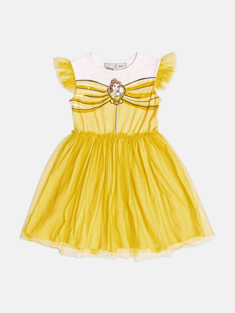 Vestido Infantil Bimbi Inverno com Tule e Brilho Amarelo Bella Disney