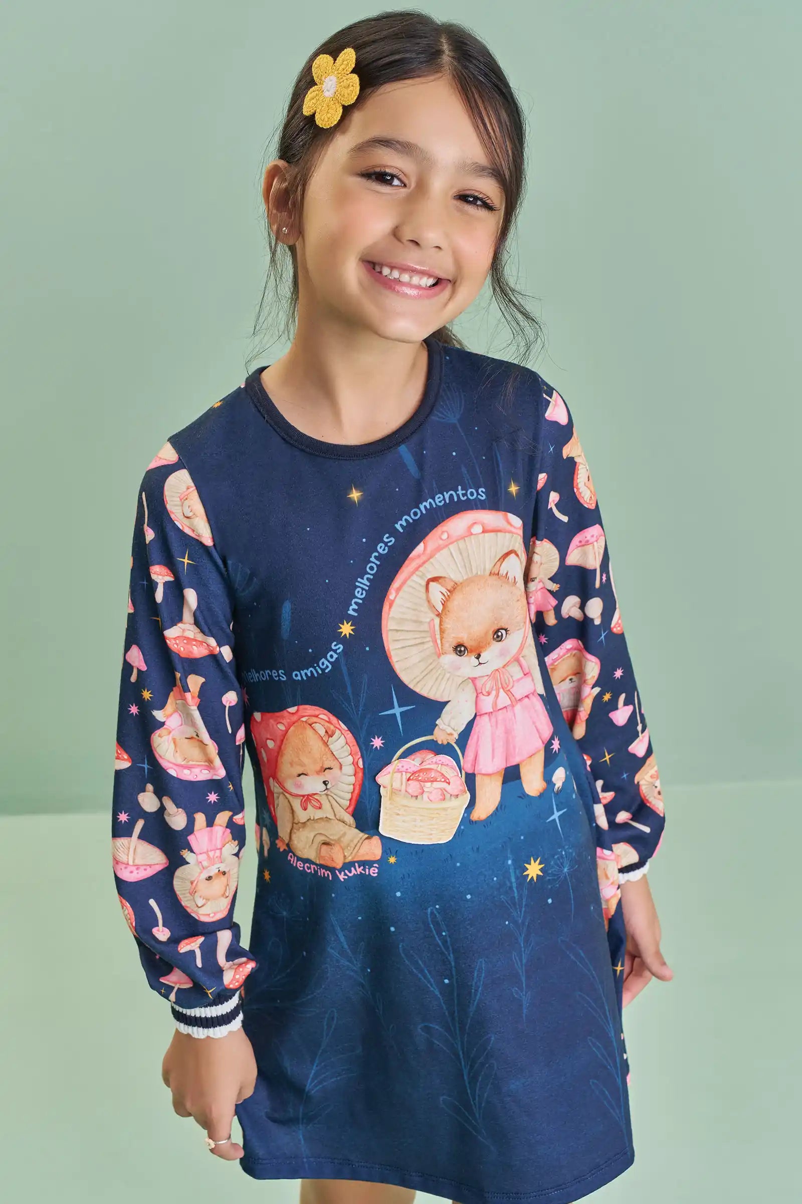 Vestido Infantil Kukiê Inverno Azul Marinho Raposinha Cogumelo