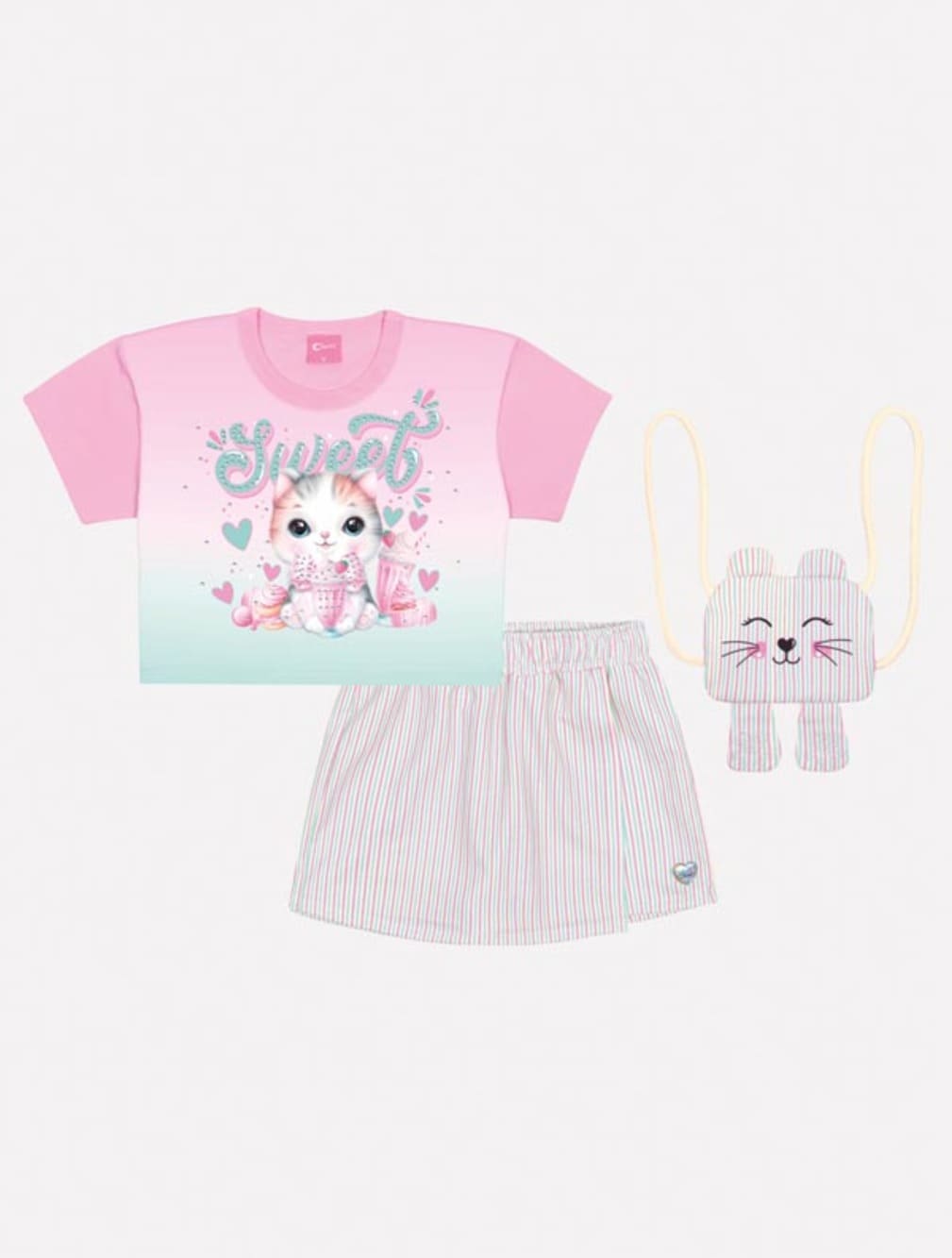 Conjunto Infantil Cinti Verão Shorts Saia e Blusa Gatinha Com Bolsinha