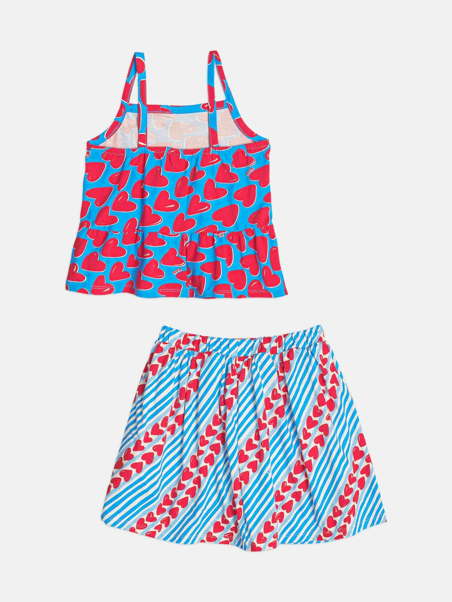 Conjunto Infantil Menina Bimbi Saia e Regata Azul Corações