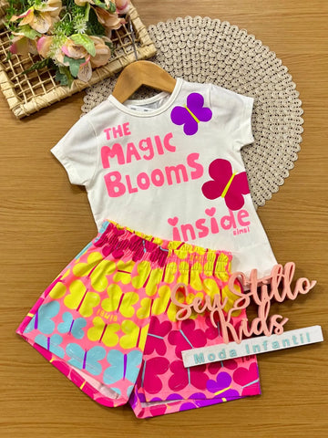 Conjunto Infantil Menina Bimbi com Shorts Rosa e Blusa Branca Borboletinhas