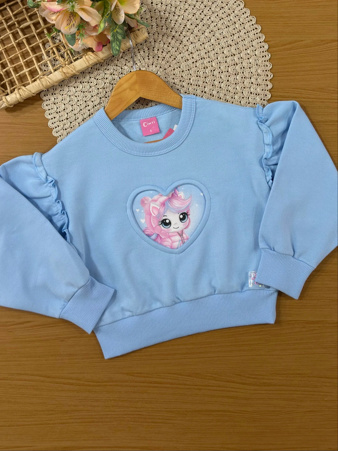 Conjunto Infantil Cinti Inverno com Calça e Moletom Flanelado Azul Unicórnio Coração