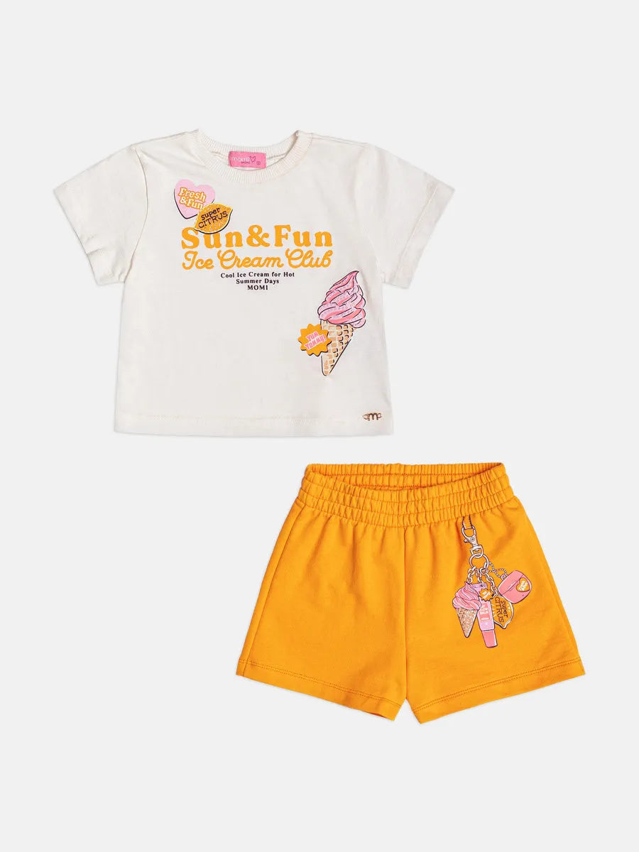 Conjunto Infantil Menina Momi Shorts Laranja e Blusa Sun & Fun Strass