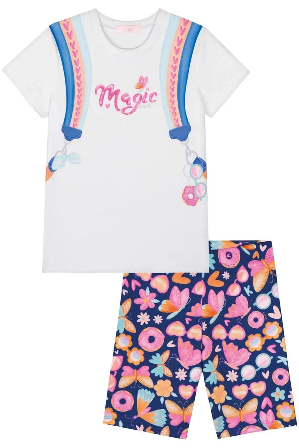 Conjunto Infantil Kukiê Verão com Shorts Ciclista Azul e Blusa Branca Ursinha Magic