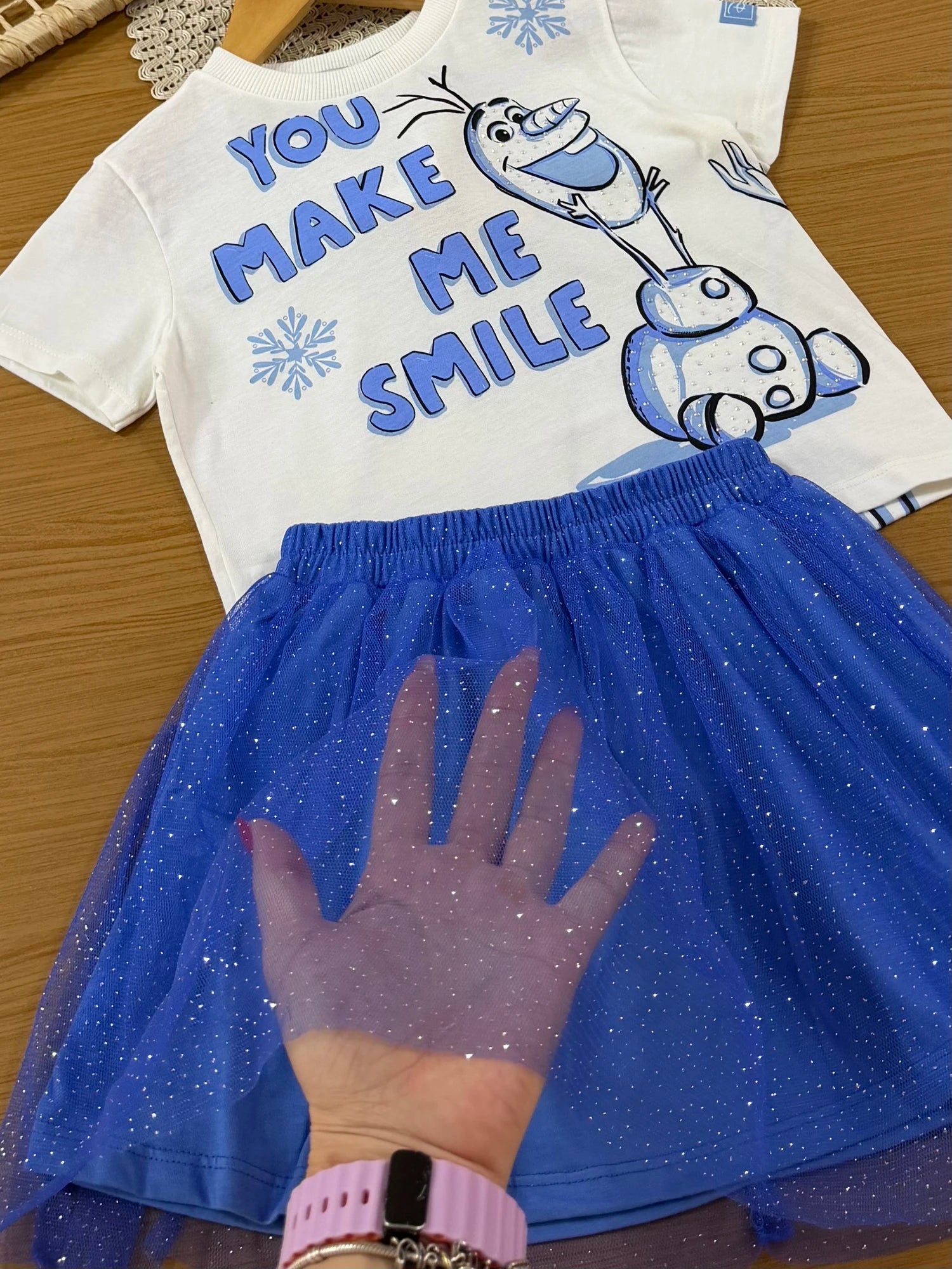 Conjunto Infantil Bimbi Inverno com Saia em Tule Azul e Blusa Manga Curta Olaf Disney