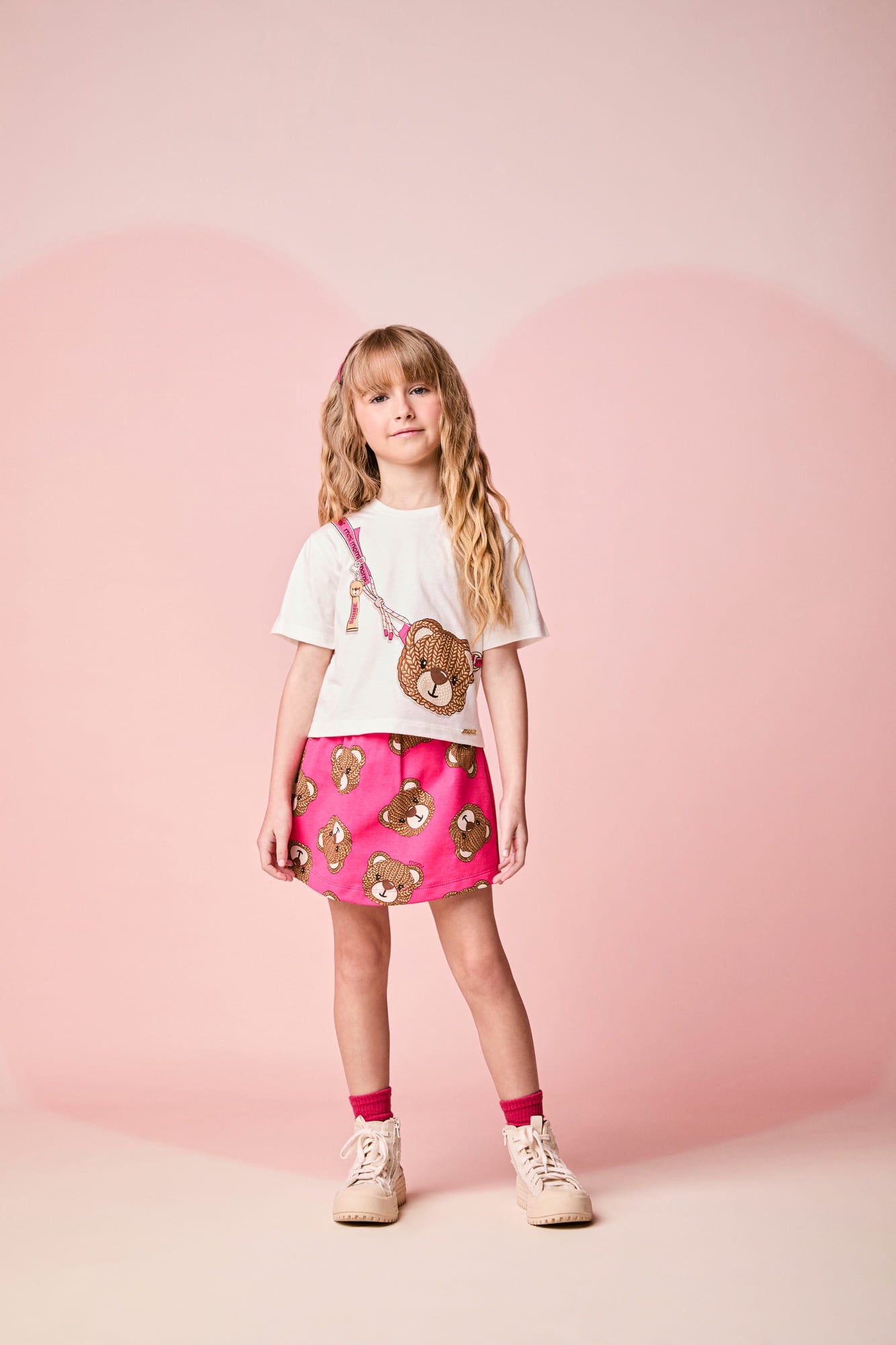 Conjunto Infantil Momi Inverno com Shorts Saia Rosa e Blusa Manga Curta Ursinha Bolsinha