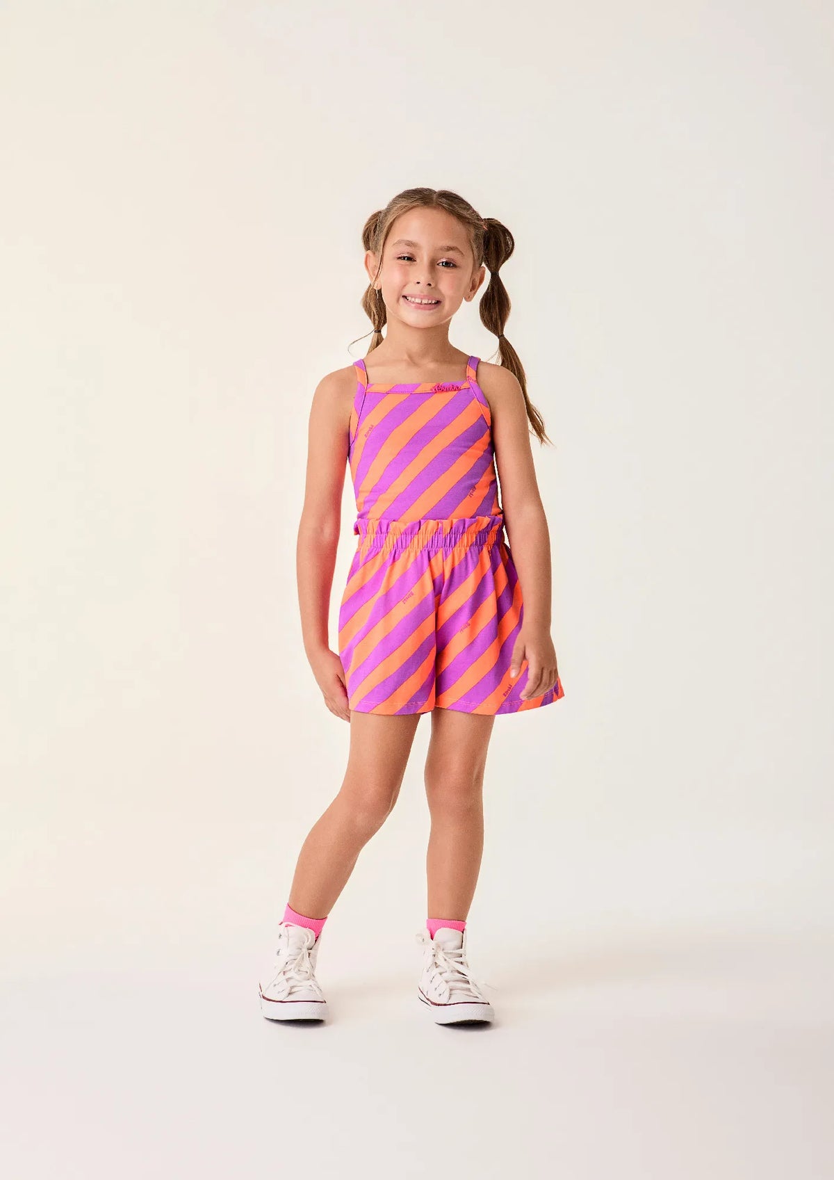 Conjunto Infantil Menina Bimbi Shorts e Blusa Listrada Laranja e Roxo
