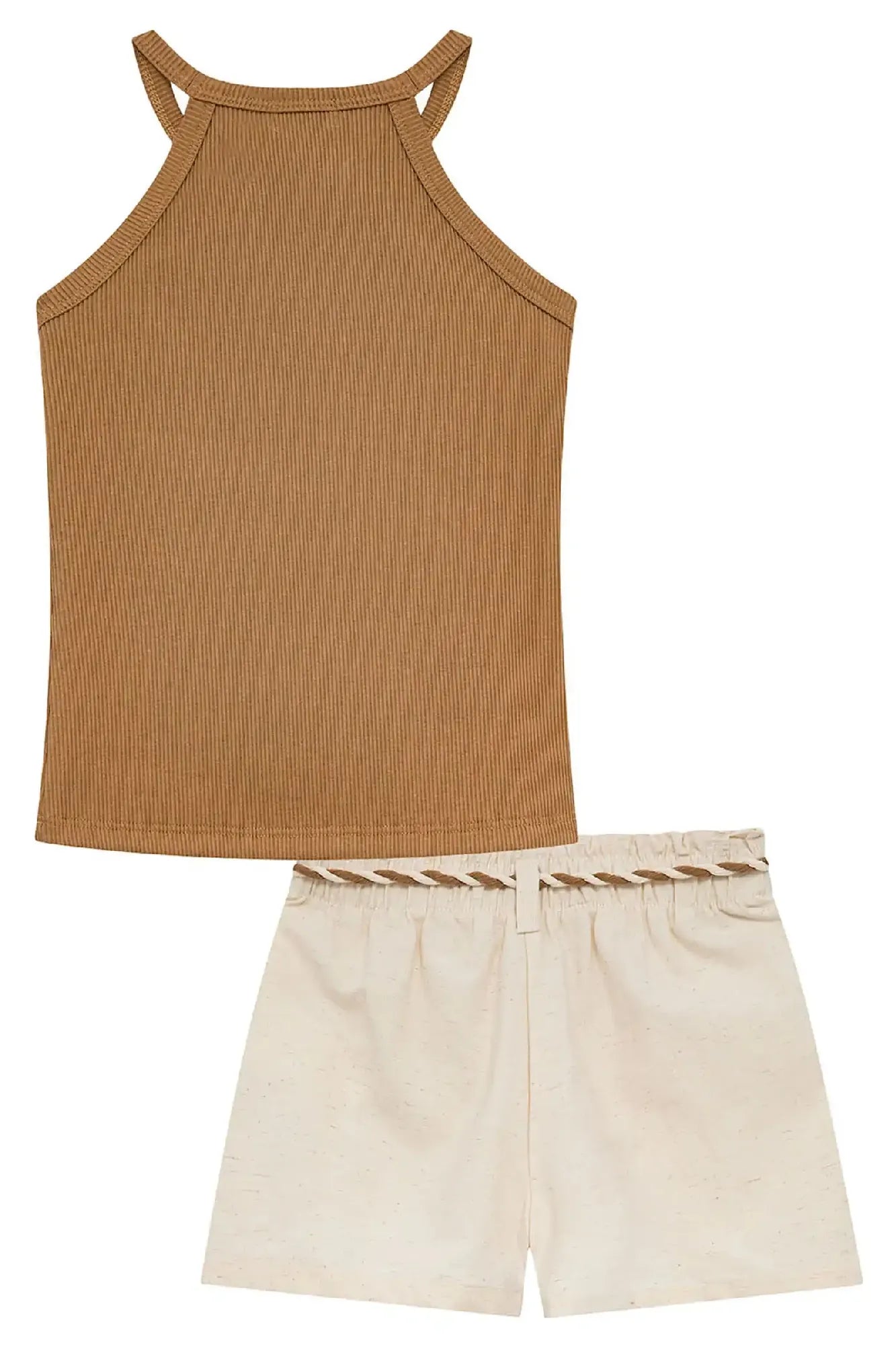 Conjunto Infantil Menina Kukiê com Shorts Bege e Regata Marrom Flor