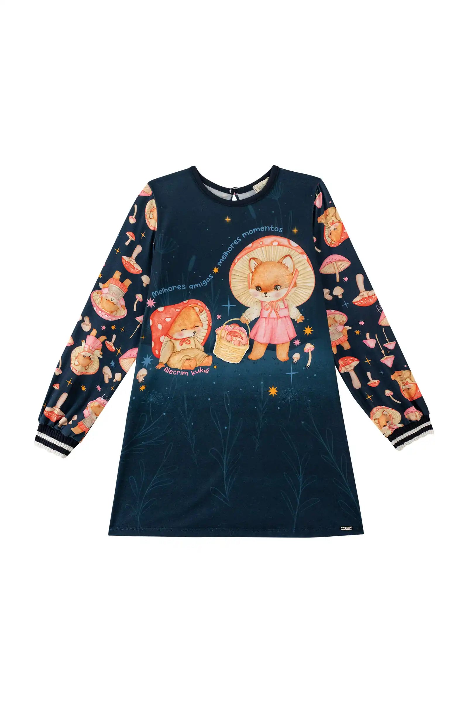 Vestido Infantil Kukiê Inverno Azul Marinho Raposinha Cogumelo