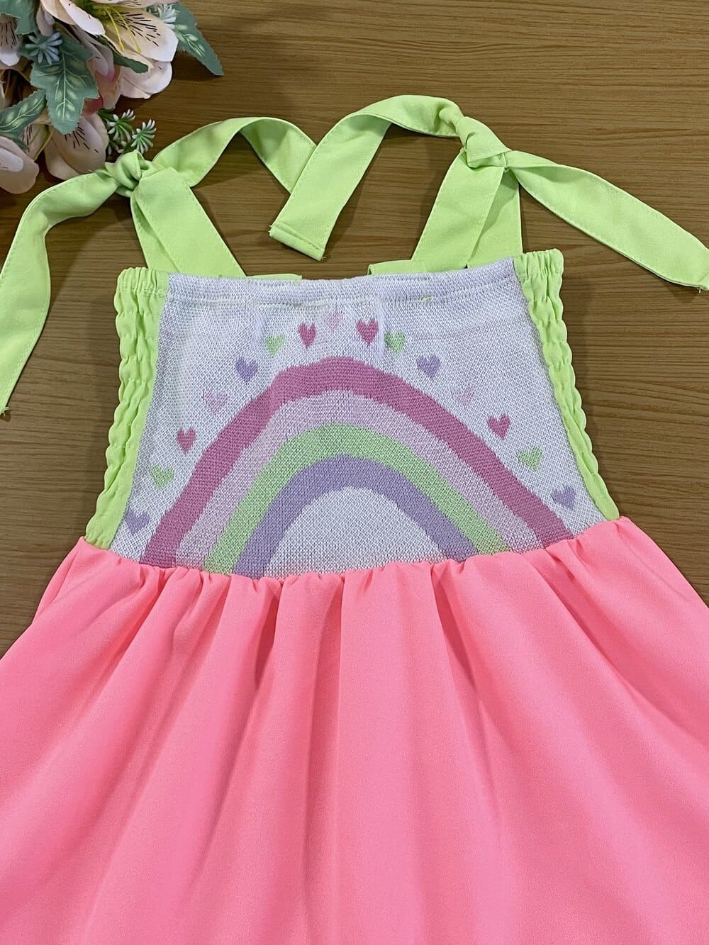 Vestido Infantil Kukie Verão Verde e Rosa Arco-íris