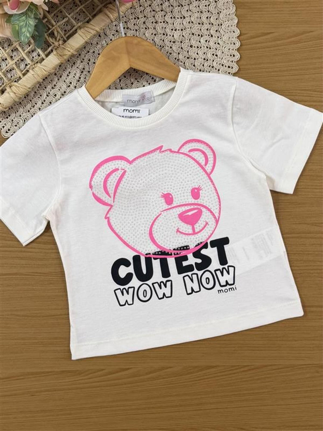 Conjunto Infantil Momi Inverno, Shorts Saia Rosa e Blusa Manga Curta Ursinha com Strass