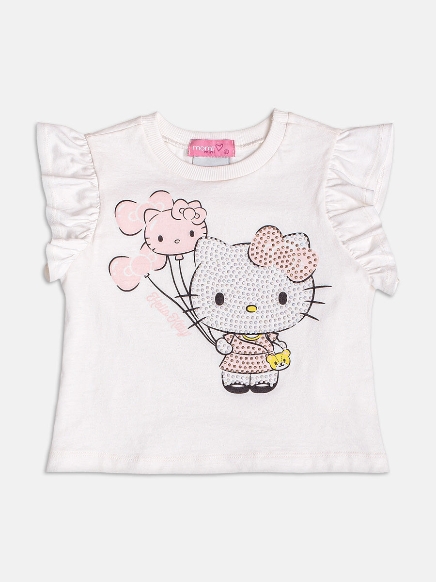 Conjunto Infantil Momi Verão, Saia Rosa e Blusa Branca Hello Kitty com Strass