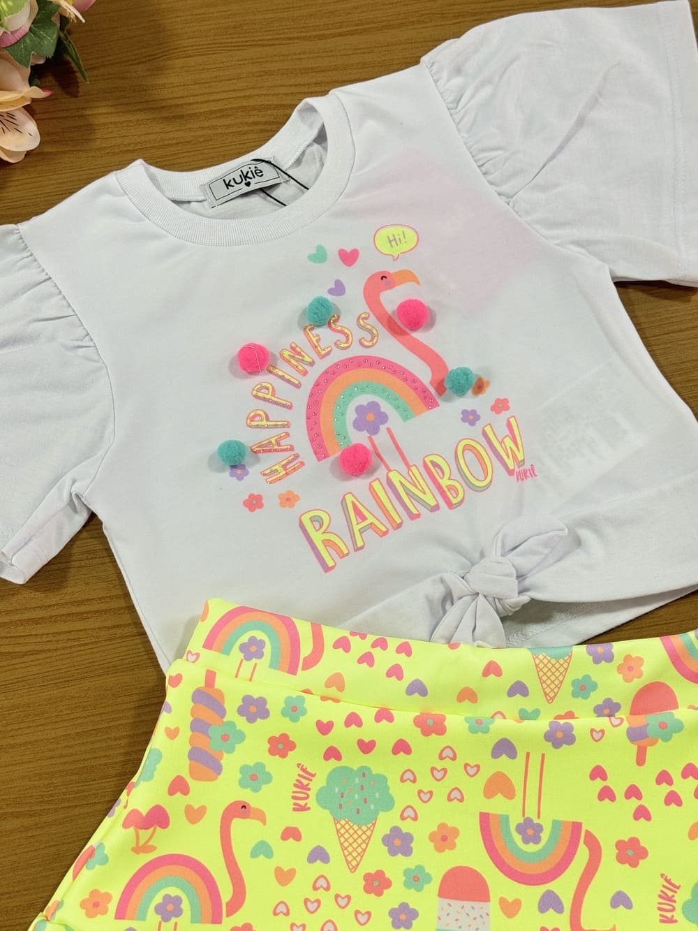 Conjunto Infantil Kukie Verão Saia Amarela e Blusa Arco Iris