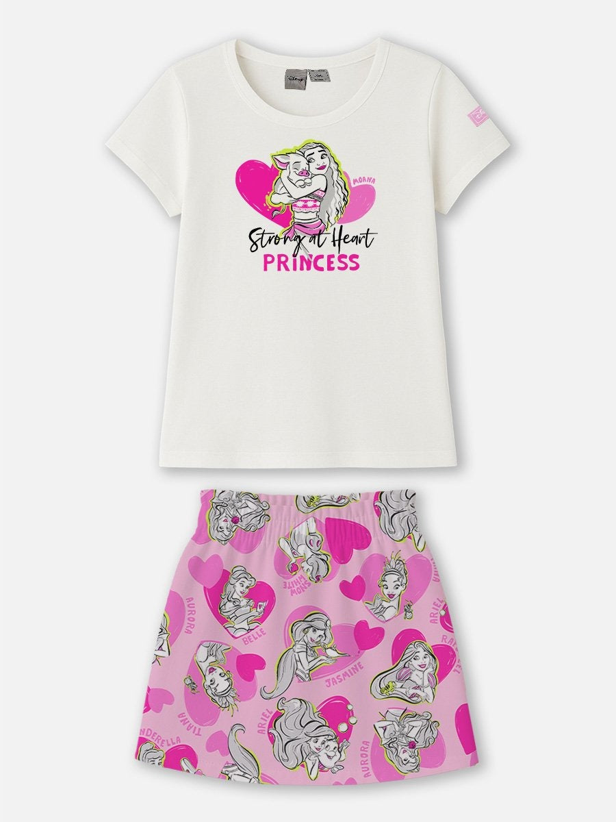 Conjunto Infantil Bimbi Verão com Saia Rosa e Blusa Branca Princesa Moana Disney