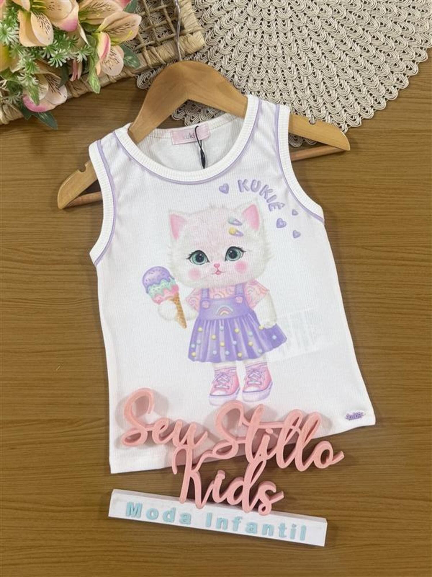 Regata Infantil Kukiê Verão Off White Gatinha