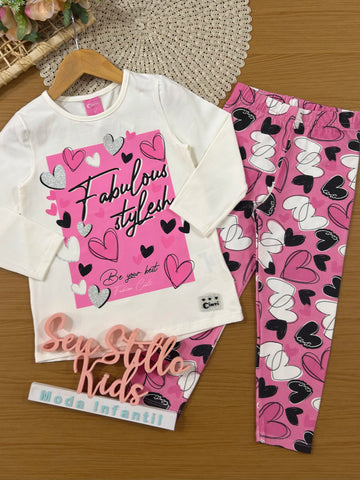 Conjunto Infantil Cinti Inverno com Calça Legging Rosa e Blusa Manga Longa Corações