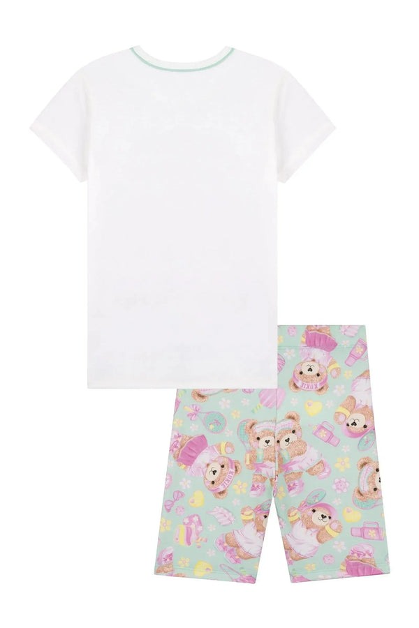 Conjunto Infantil Kukiê Verão com Shorts Ciclista Verde e Blusa Branca Ursinhas Tênista