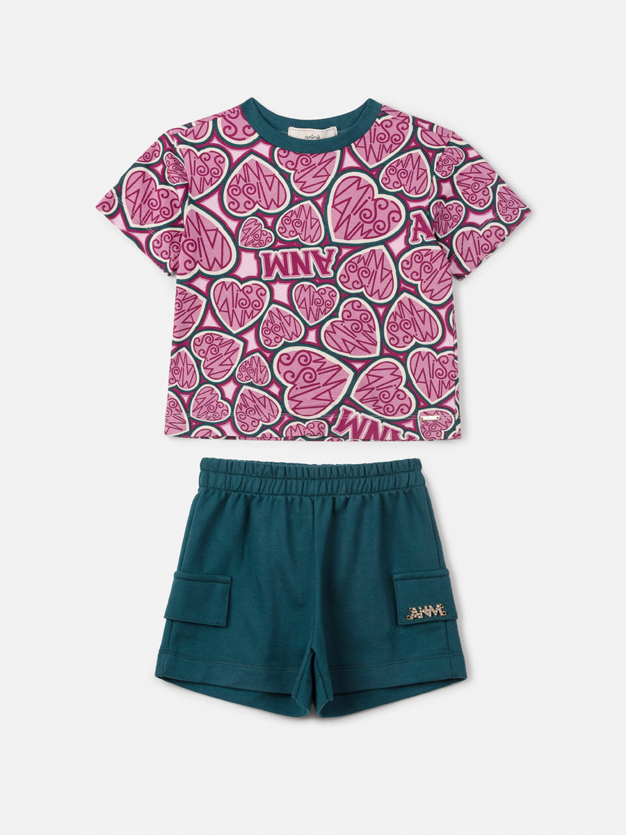 Conjunto Infantil Animê Inverno Shorts e Blusa Vinho Corações