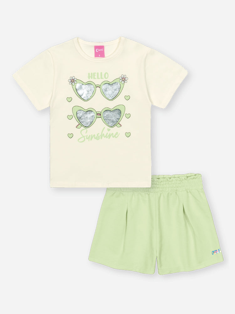 Conjunto Infantil Cinti com Shorts Verde e Blusa Hello Sunshine