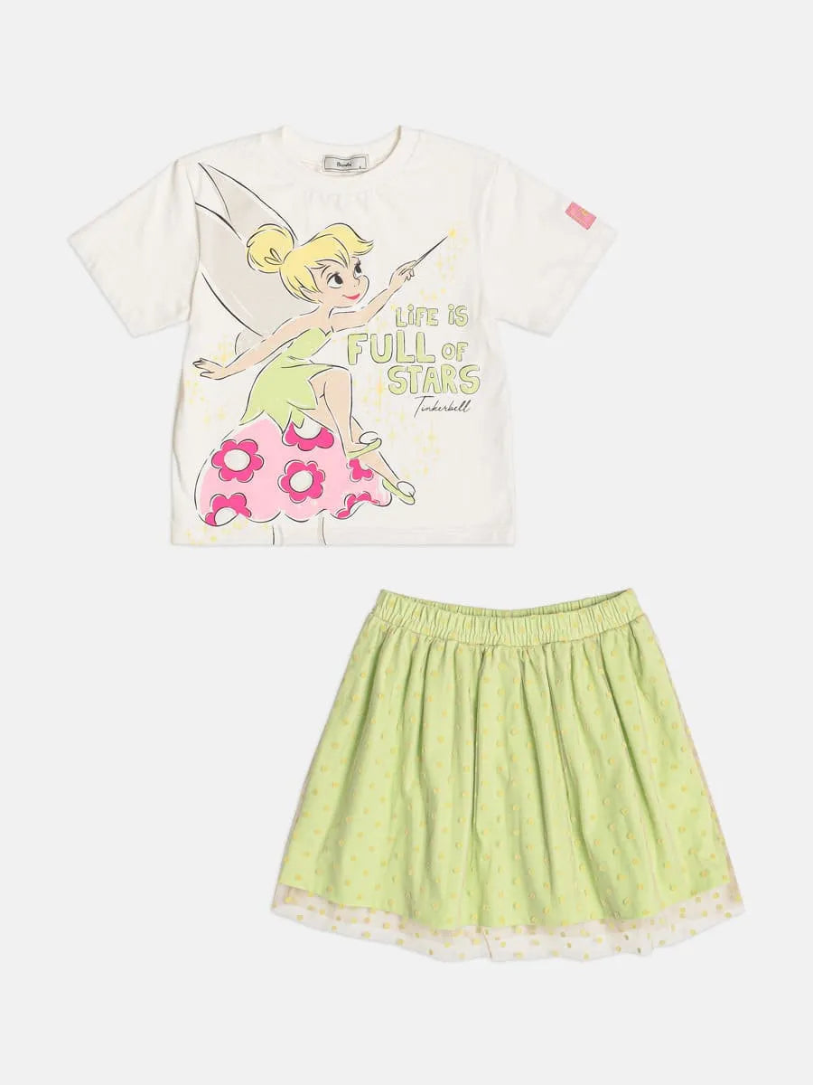 Conjunto Infantil Menina Bimbi com Saia Verde Tule e Blusa Branca Tinkerbell Disney