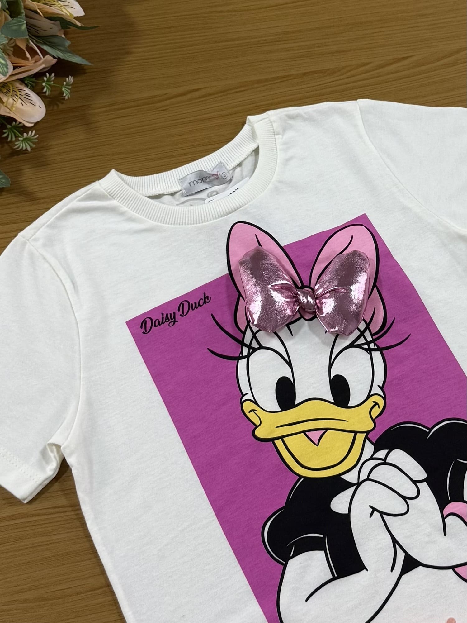Blusa Infantil Momi Inverno Manga Curta Branca Daisy com Laço Disney