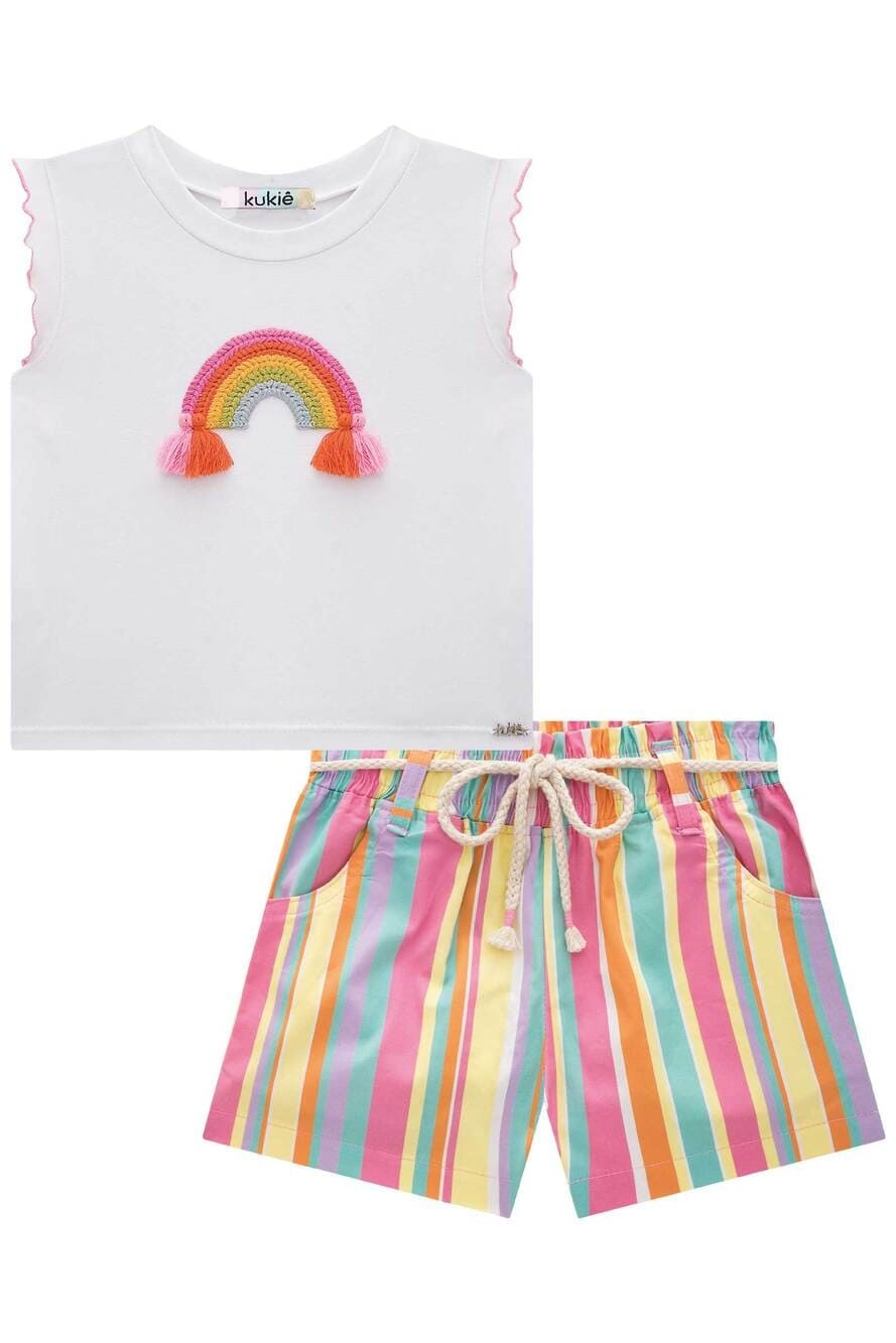 Conjunto Infantil Kukie Verão Shorts Listrado e Blusa Arco-íris