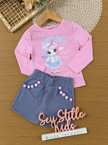 Conjunto Infantil Cinti Inverno Com Shorts Cinza e Blusa Manga Longa Rosa Unicórnio