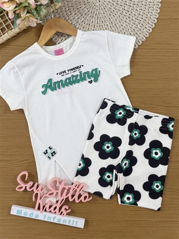 Conjunto Infantil Belime Verão com Shorts Ciclista e Blusa Branca Amazing