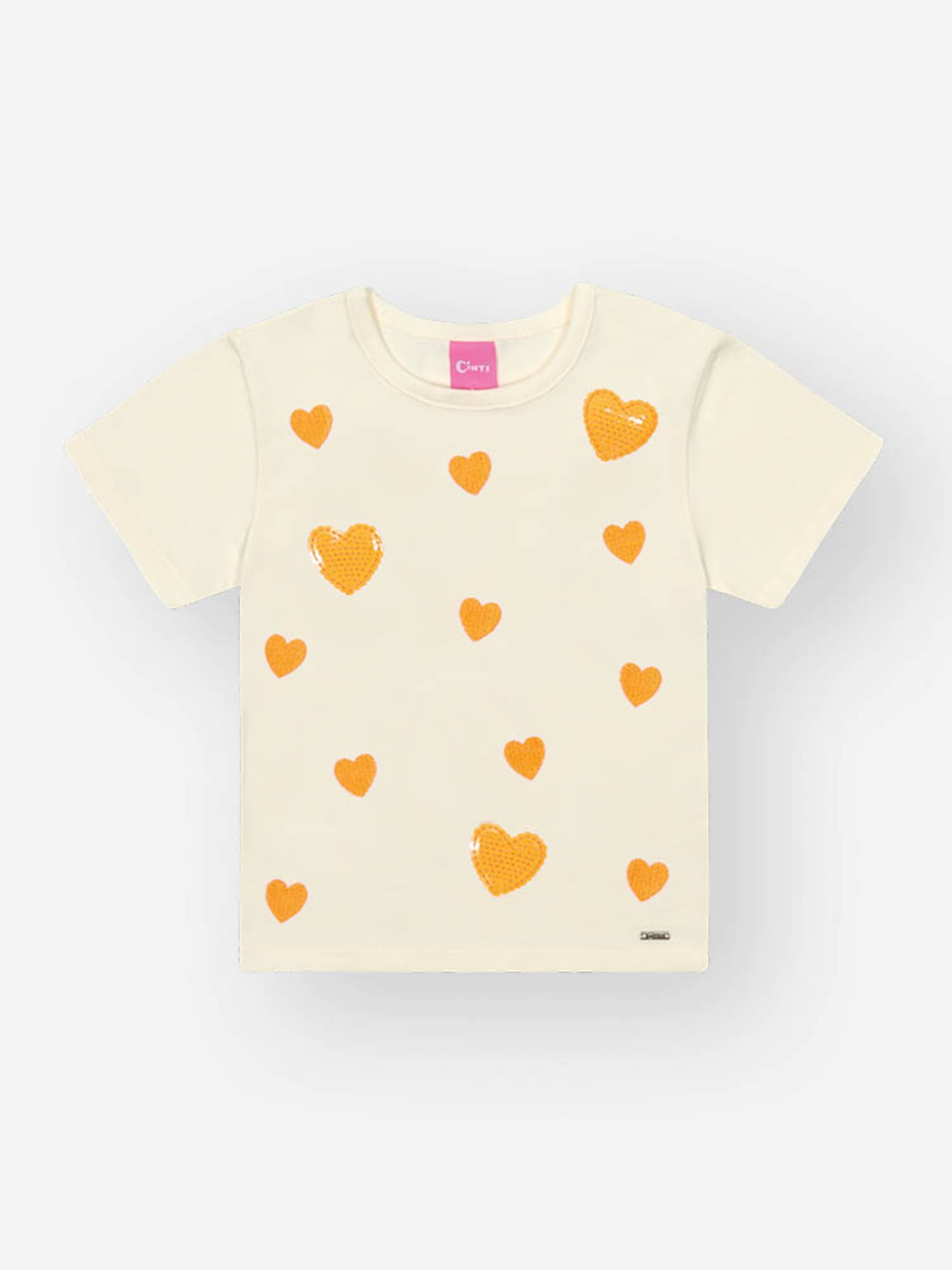 Blusa Infantil Cinti Verão Branca com Corações Laranja