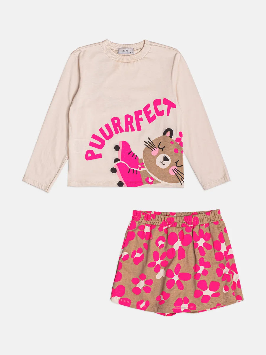 Conjunto Infantil Bimbi Inverno com Shorts Saia Blusa Manga Longa Bege Oncinha
