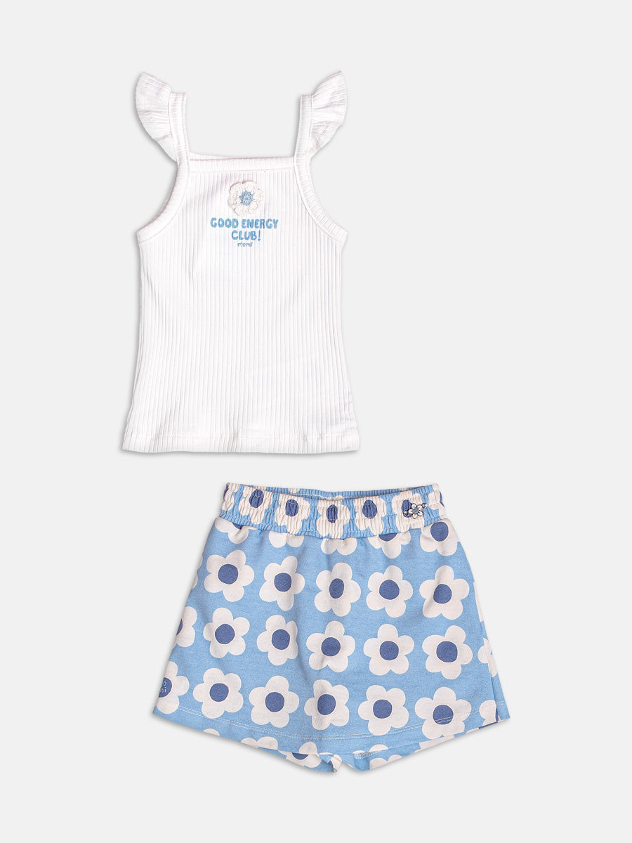 Conjunto Infantil Momi Verão com Short-Saia Azul Flores e Regata Canelada Branca Good Energy