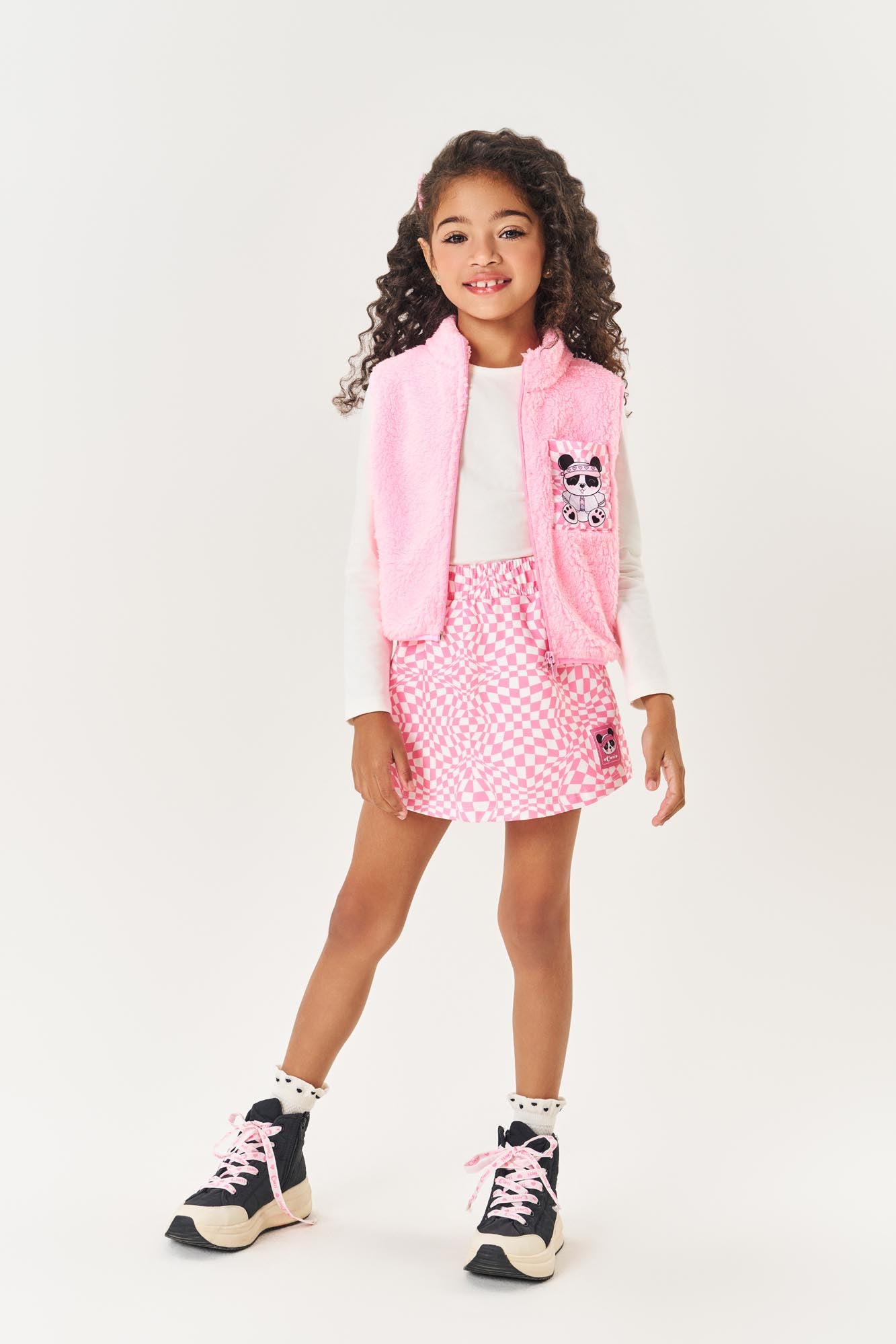 Conjunto Infantil Cinti Inverno Shorts Saia, Blusa e Colete Rosa Panda